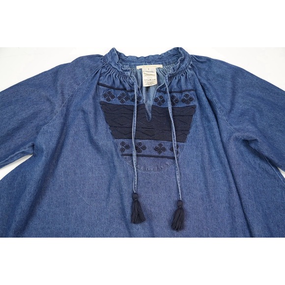 Anthropologie Ne Quittez Pas Sz M Hallie Chambray Embroidered Swing Peasant Top - Picture 2 of 6